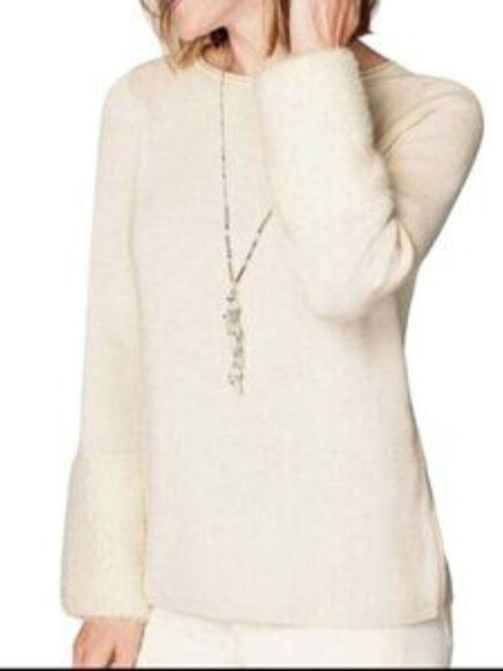 J. Jill Barley Faux Fur Cuff Shop Crew Neck Sweater Cream Ivory Medium